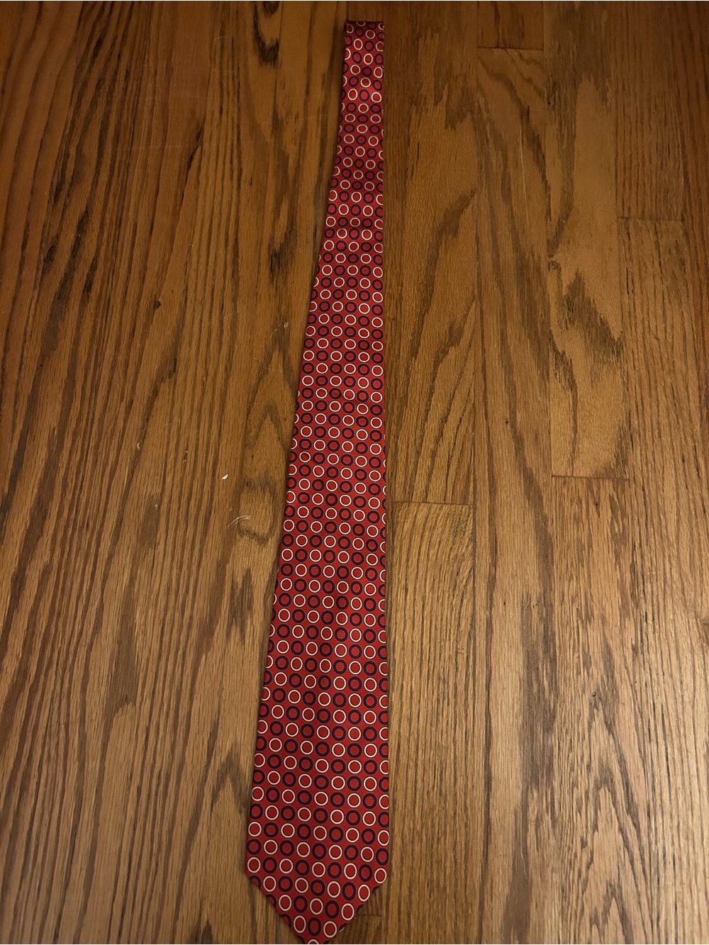 Lauren Ralph Lauren Men’s Silk Red Circle Pattern Tie W/ Blue & White Accents
